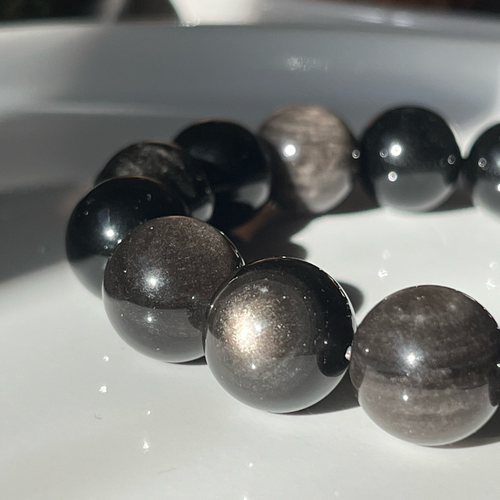 14mm‎ Gorgeous large silver sheen obsidian bracelet